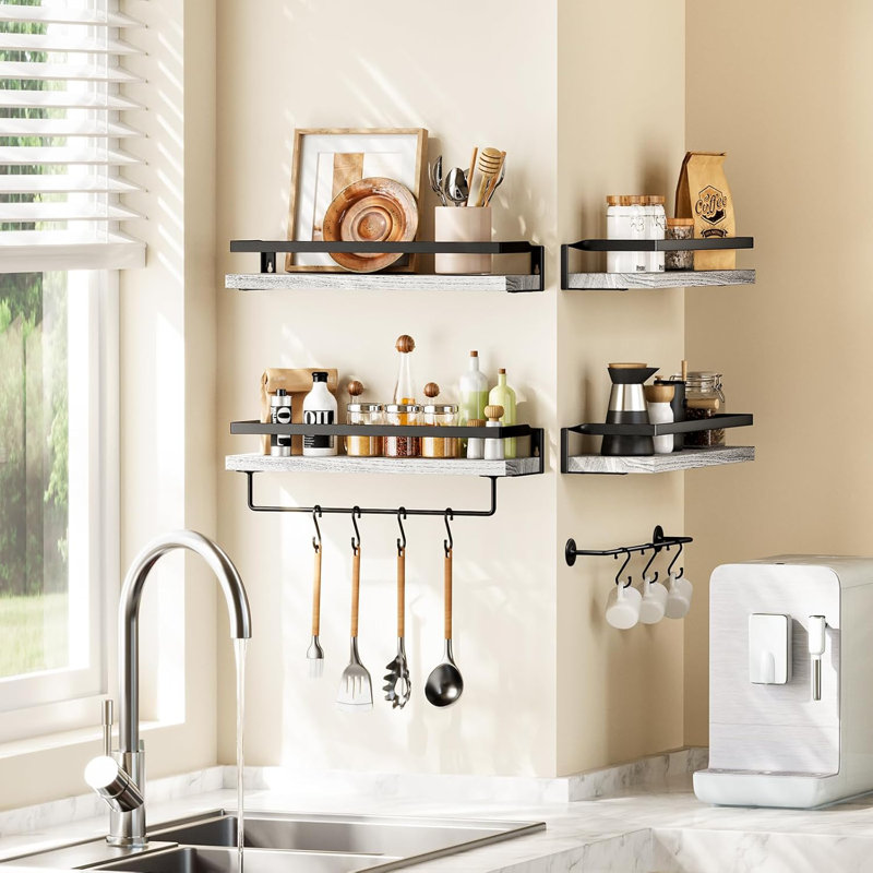 Floating Shelves Set Of 2 With Towel Bar - Sturdy Wood Wall Shelves For Bathroom, Kitchen, Bedroom, Living Room - Decorative Storage Shelves With High Weight Capacity & Safety Guards