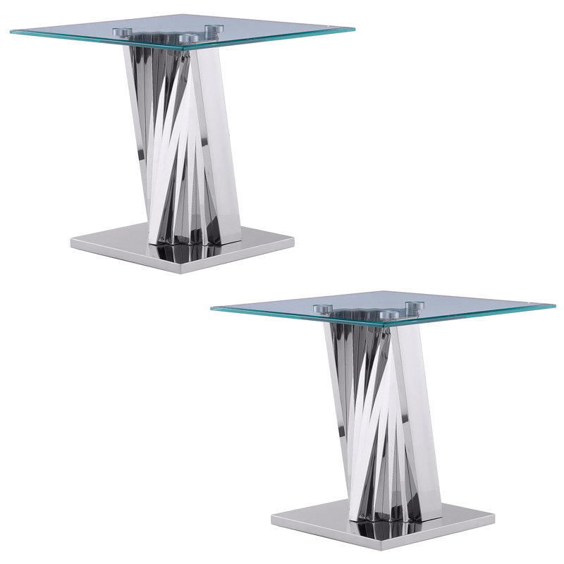 Ensemble de 2 tables de bout en verre transparent avec base géométrique argentée