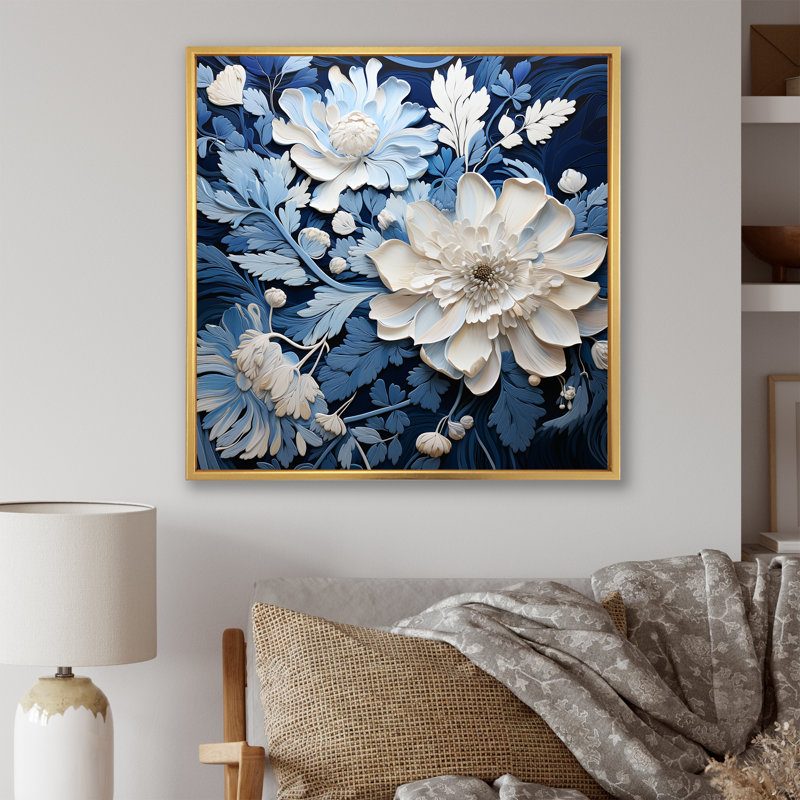 Watercolor Blue And White Seasonal Flowers III - Flowers Canvas Print Wall Art, 16" H x 16" W, Gold Floater Framed