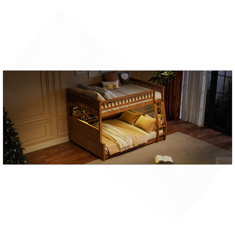 Lit double superposé au-dessus de grand lit double avec tablettes intégrées, lumières à changement de couleur et panneau perforé, brun