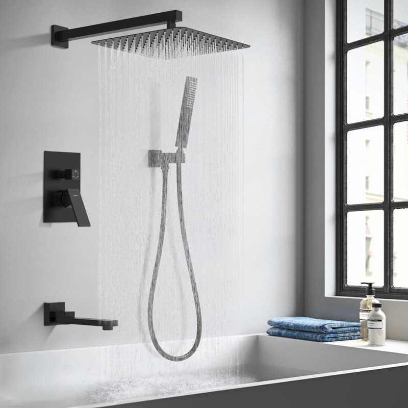 Male NPT Matte Black Shower System, 12 Inch Shower Fixtures Rain Shower Head With Handheld Shower Spray, Wall Mount Shower Faucet Set For Bathroom(Pressure Balance Shower Trim Valve Kit Included)