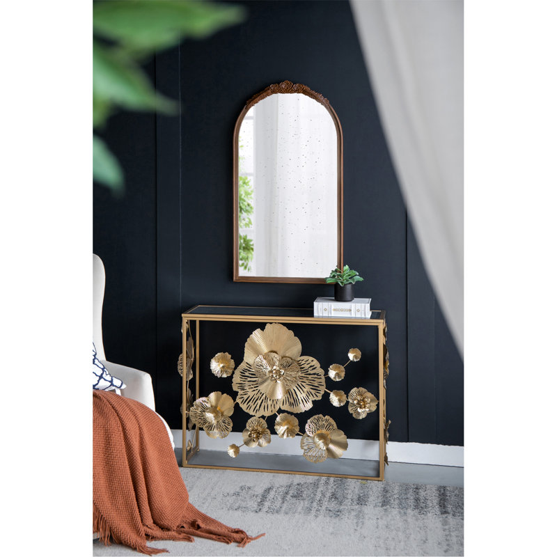 Console 39,5 "x 12" x 30,5 "dorée avec plateau en verre miroir, table d'entrée moderne pour vestibule de vestibule de salon