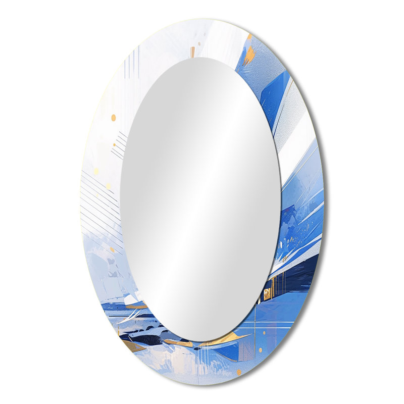 Blue White Cubist Kaleidoscope II - Large Oval Wall Mirror On Metal, 36" x 24"