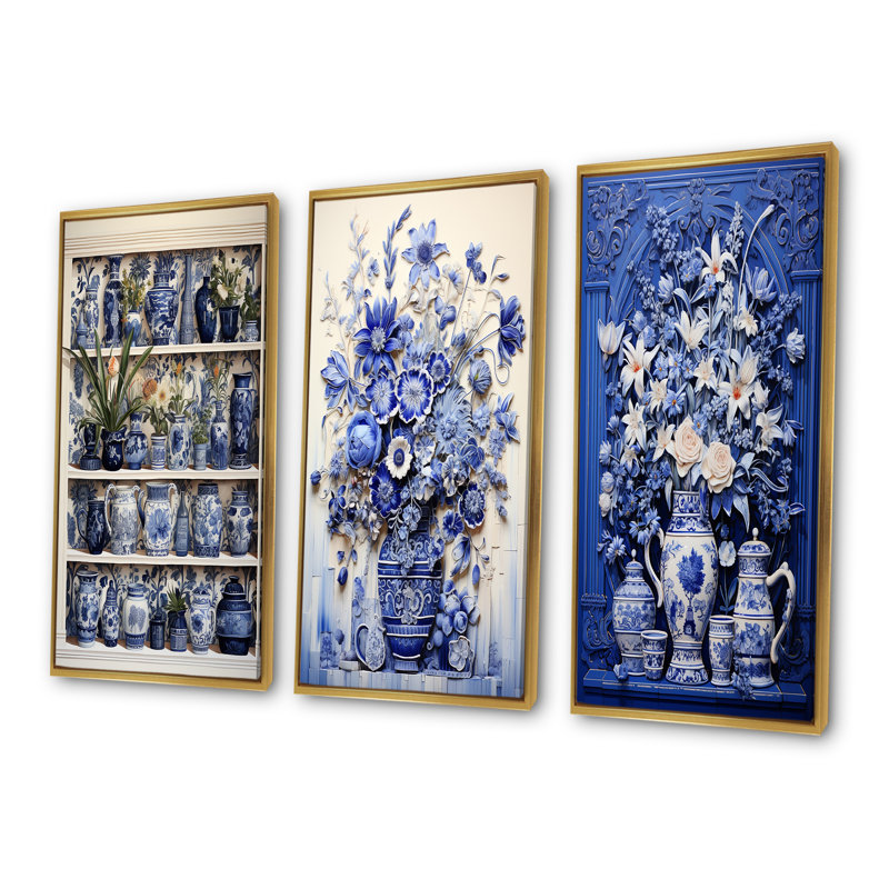 «Blue Boho Plant Pottery I», ensemble de 3 reproductions d'art sur toile, Cadre flottant doré, H 40 po x l 60 po
