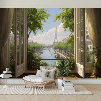 Peel and Stick Wallpaper 96" W x 69" H Modern Self Adhesive Wall Mural for Bedroom Window View Romantic Landscape Eiffel Tower Boats Urban Landscape