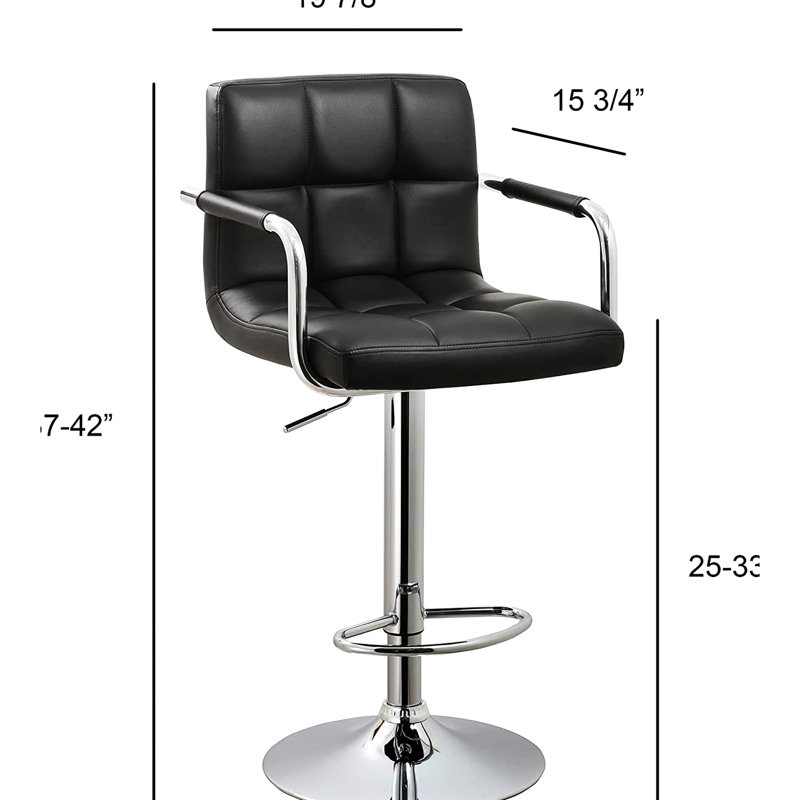 Tabouret de bar pivotant réglable noir contemporain avec coussin - Fonction à 360 °, 24 po à 33 po de hauteur, revêtement en grille, accoudoirs et repose-pieds, piédestal, style américain, rembourré de coton, 20 po de profondeur, 19 po de largeur, 42 lb