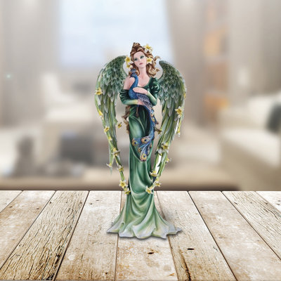 Grande sculpture ange et paon vert 21,5 "H