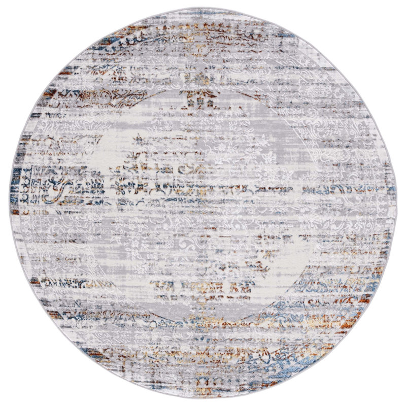 Minyard 298 Area Rug In Gray / Blue Gold, Round 6'7"