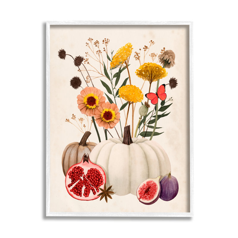 Arrangement de récolte d'automne, citrouille, grenade, figue, fruits - impression, Giclée encadrée blanc bord de mer