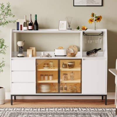 White Wood Sideboard With 3 Drawers, Glass Door, And Wine Cup Holder For Kitchen Dining Use Decor Holder, Ideal Room Tableware