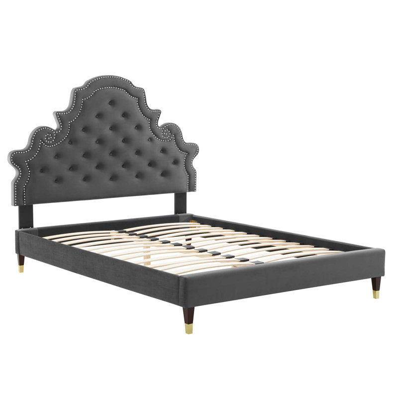 Modway Gwyneth Tufted Performance Velvet Platform Bed, White, Queen