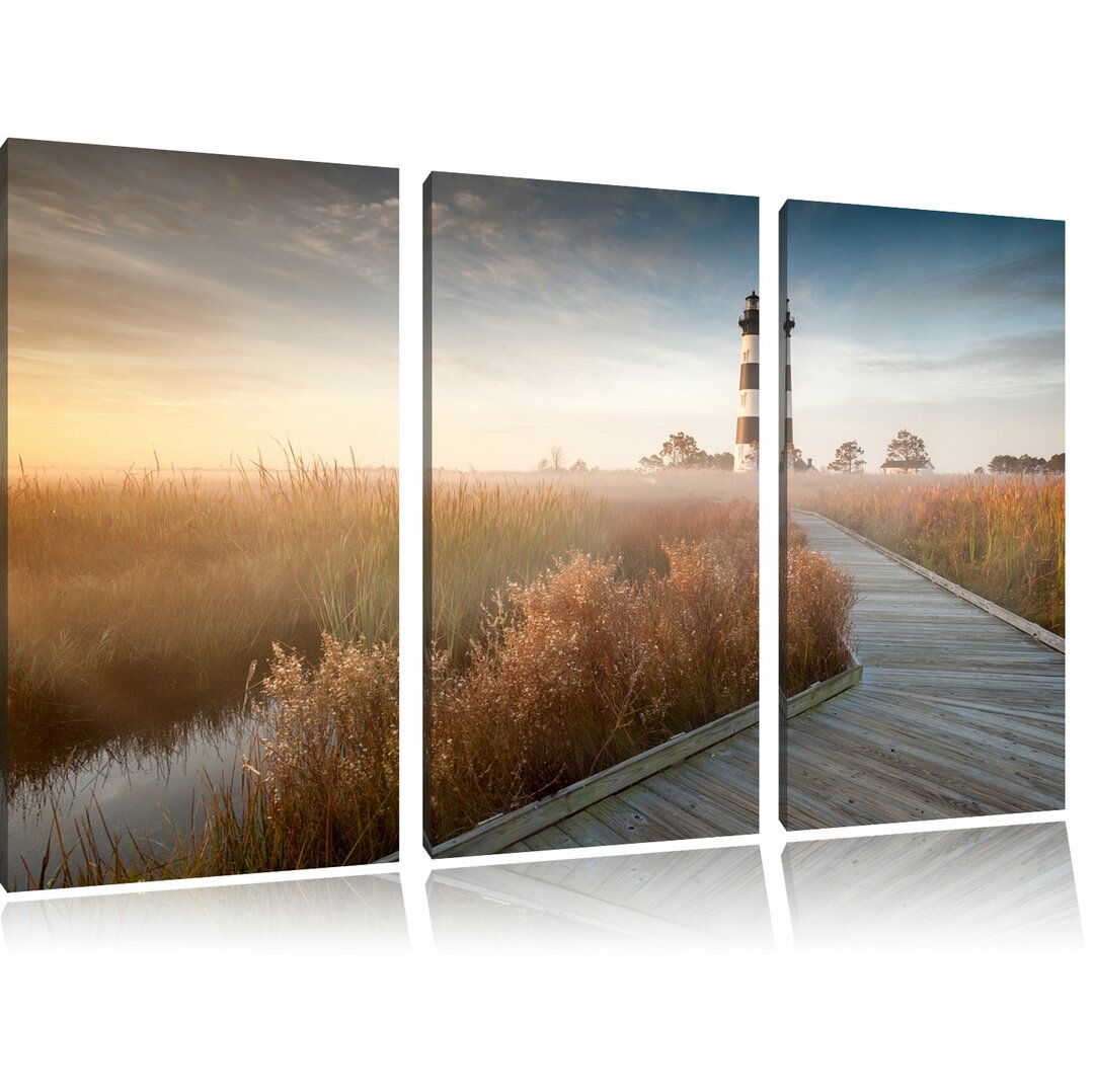 3-tlg. Leinwandbilder-Set „Leuchtturm im Nebel“, Fotodruck