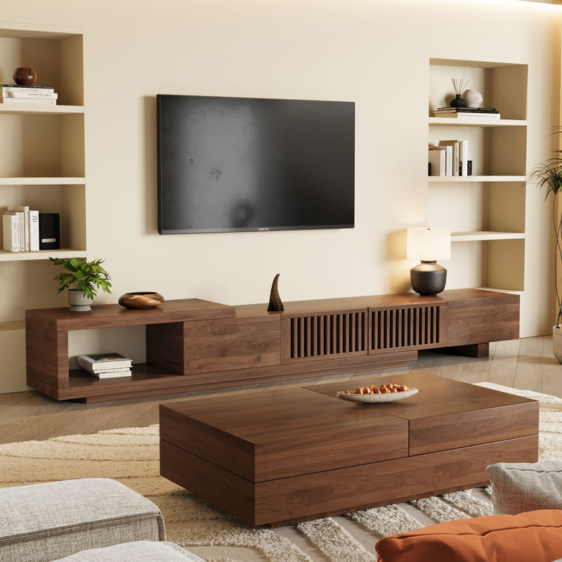Ensemble de salon 2 pièces en noyer moderne Guerrisi, meuble télé extensible de 103 po pour téléviseur de 100 po ou moins et table basse avec rangement  