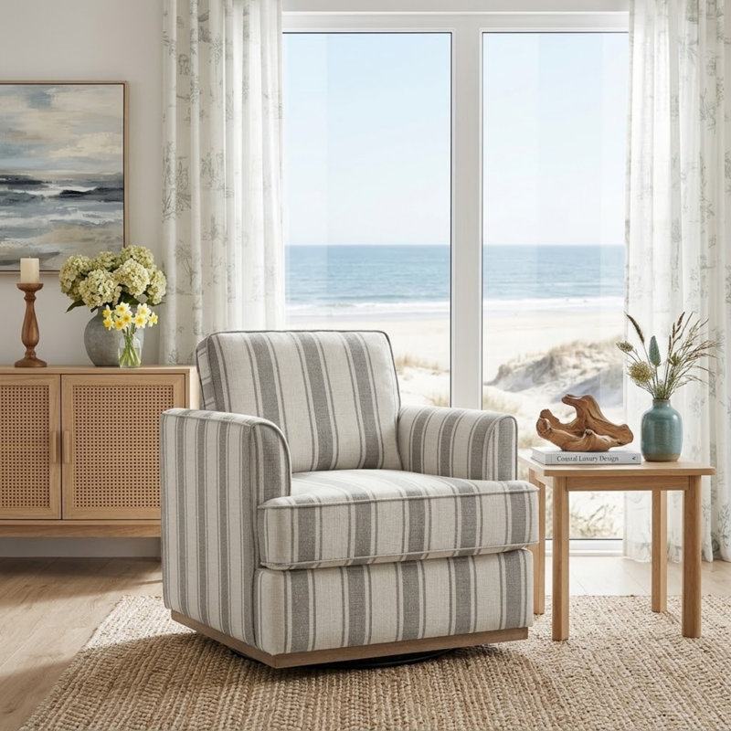 Parker Farmhouse 33'' W Upholstered Swivel Accent Armchair with Solid Wood Base, Gray