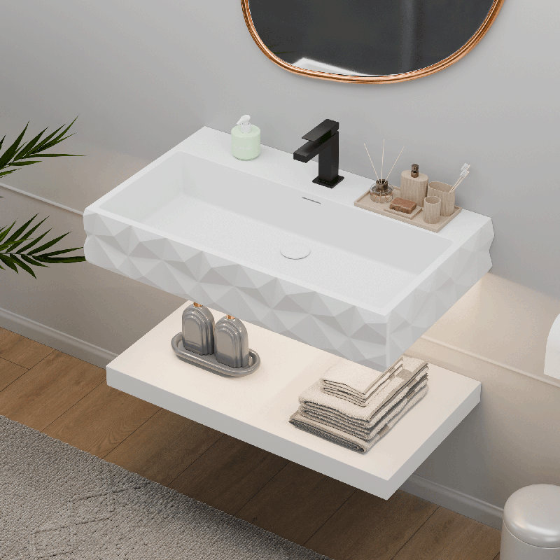 Ensemble de meuble-lavabo double mural 32 po avec lavabo en résine de pierre solide, lumière DEL 32 po
