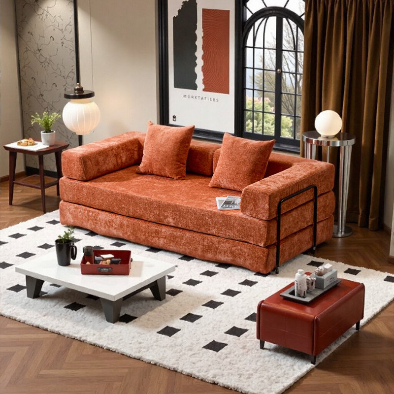 Canapé-lit futon convertible - Revêtement en chenille double mode avec rembourrage en mousse de qualité supérieure, Orange