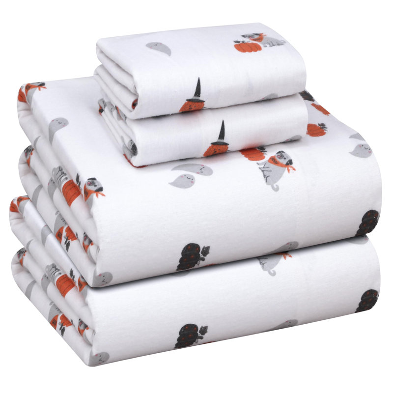 100% Cotton Flannel Sheet Set 4 Piece Warm Cozy Fall Sheets 16 inch Deep Pocket Bed Sheets, Halloween Pumpkin Floral