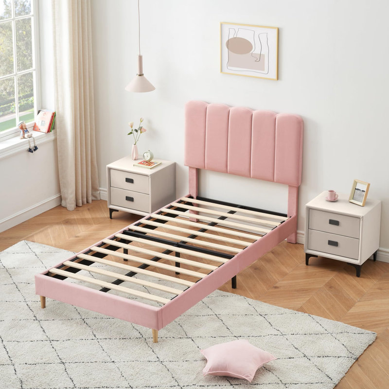 Velvet Upholstered Platform Bed Frame With Headboard, Pink