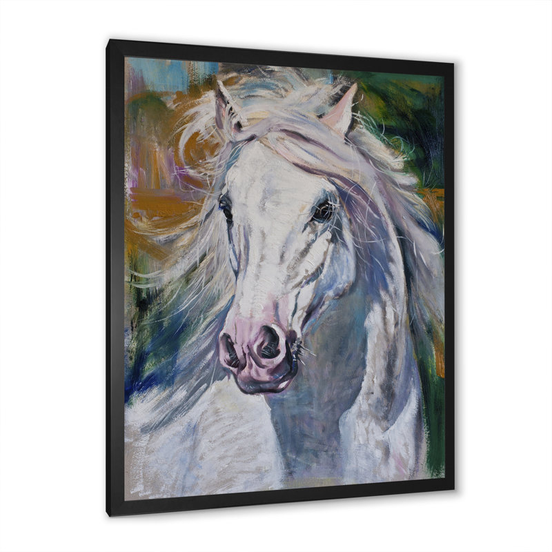 Magnifique cheval blanc - peinture, Cadre photo noir, H 20 po x l 12 po x P 1 po