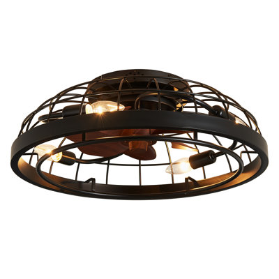 19.7" 4-Light Black Flush Mount Caged Ceiling Fan with Light, Low Profile Fandelier with 6-Speed Remote Control, Reversible DC Motor, Timer