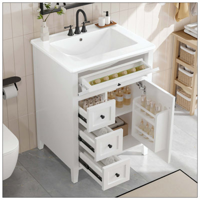 Armoire de salle de bain en bois d'hévéa avec 3 tiroirs et tablettes réglables