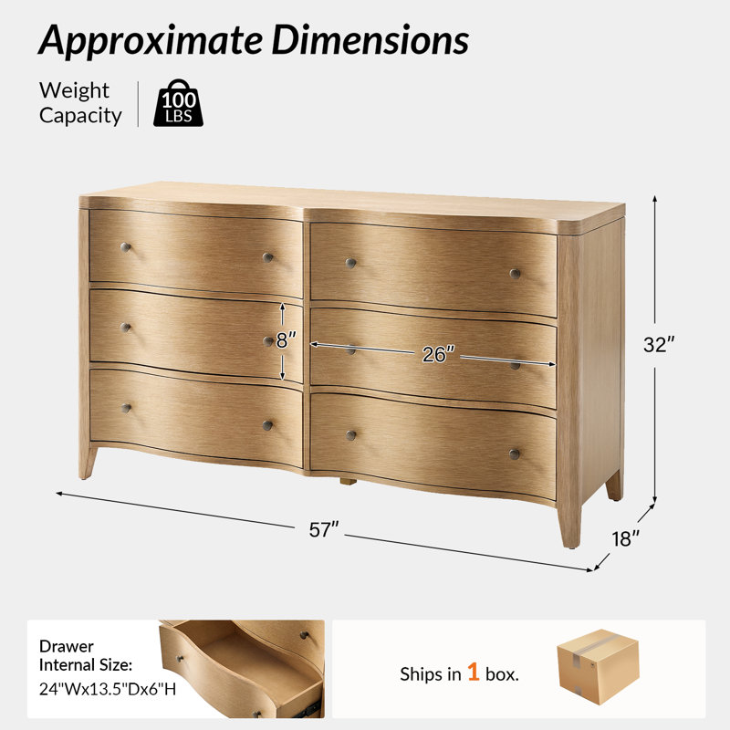Commode incurvée à 6 tiroirs Elfine Sabise, Walnut