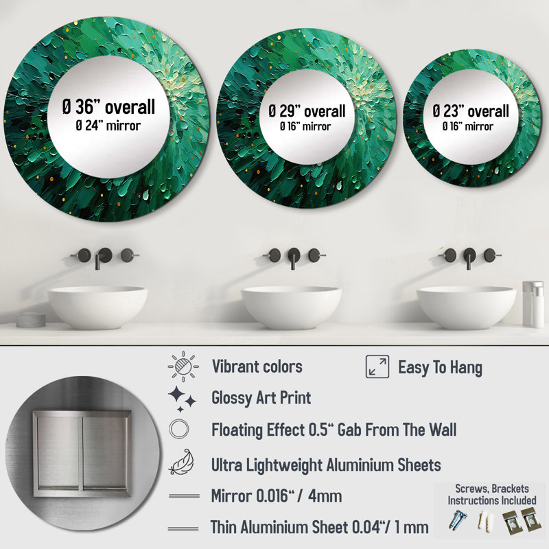 Emerald Euphoria II - miroir décoratif paysager, miroir mural vert, impression d'art en métal, 23 po x 23 po, Rond