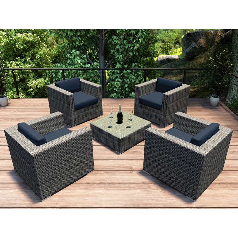 Ensemble de conversation en rotin avec coussins 5 pièces Suffern, Spectre indigo Sunbrella®