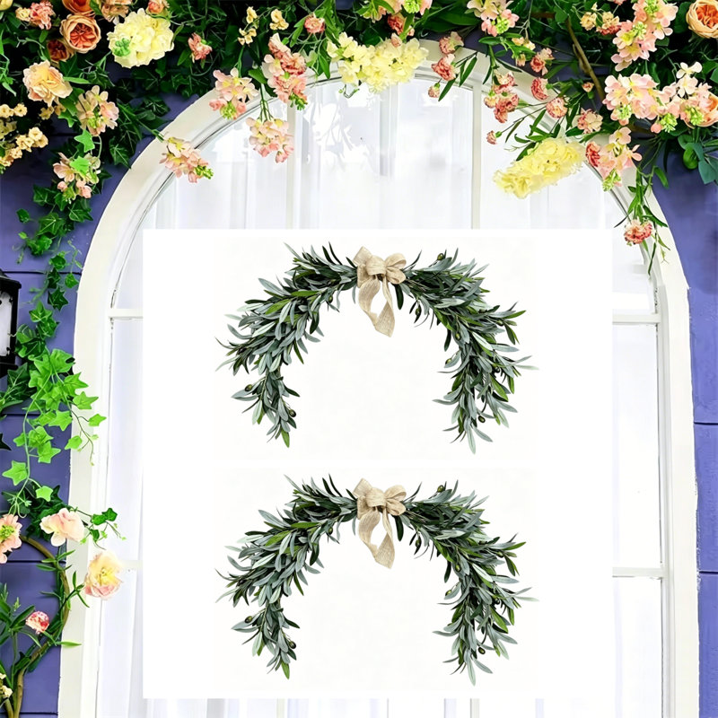 Ensemble de 2 couronne de verdure artificielle de style maison de campagne, guirlande décorative avec feuilles d'olive et haricot olive pour porte d'entrée décoration murale branche d'olivier rustique