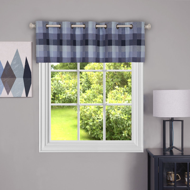 Woven Trends Adoxa Plaid Tailored Tier and Valance Window Curtain Set, Blue, 58" W x 14" L