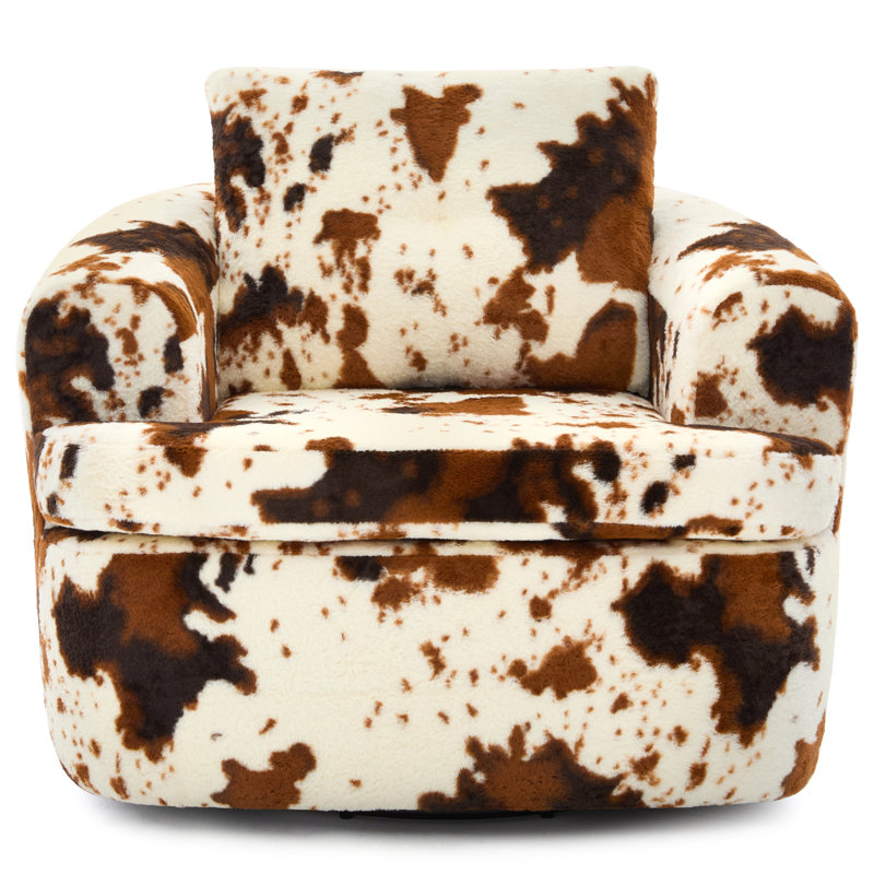 Upholstered Swivel Barrel Chair, Beige/Brown Faux Fur, 1