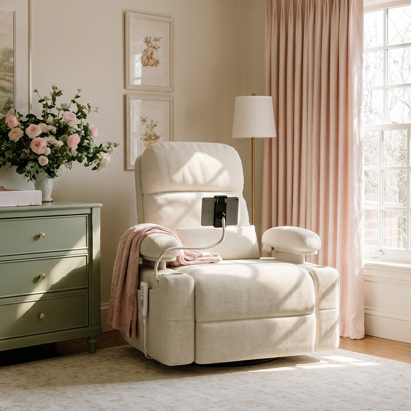 38.2"W Power Swivel Nursery Glider With HugAssist Armrest,  Usb Charge & Baby-Safe, Warm Ivory