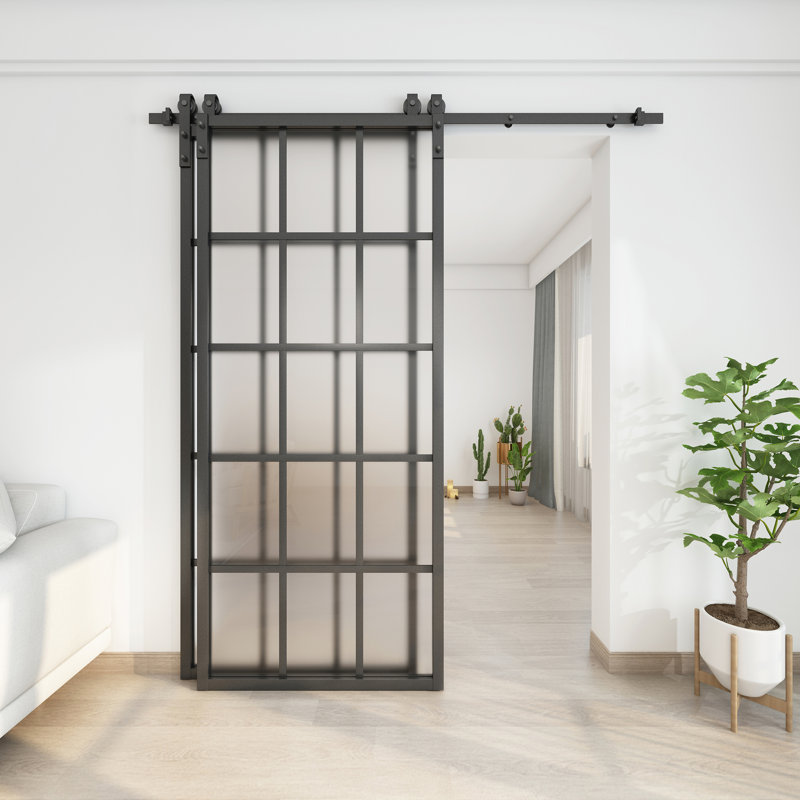 Double Glass Bypass Barn Door with Installation Hardware Kit, 72" x 84", Frosted