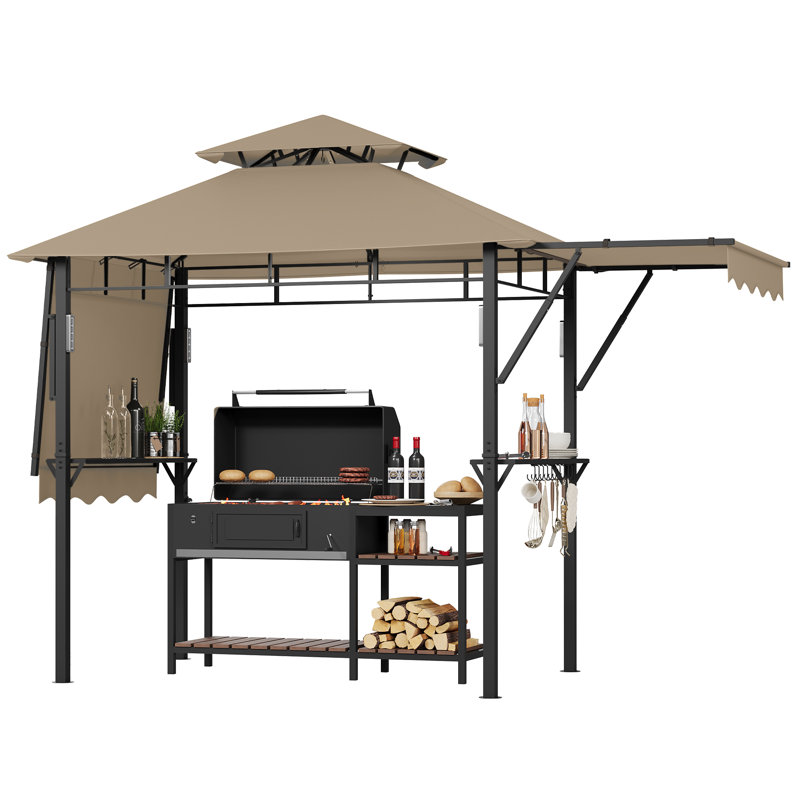 13' x 4' BBQ Grill Gazebo with Double-Tier Vented Canopy, Adjustable Side Awnings, LED Lights, Hooks & Bottle Opener – Heavy-Duty Steel Frame Outdoor Patio, Garden, or Beach Shelter