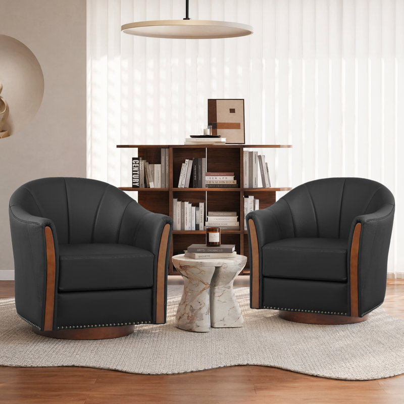 Modern Leather Swivel Barrel Chair with Solid Wood Base（Set of 2), Black