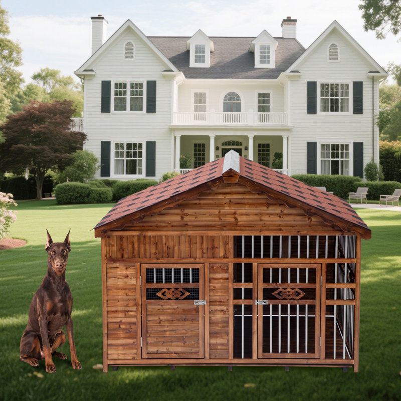 Solid Wood Outdoor Dog House with Cage, 62" H x 78" W x 59" D