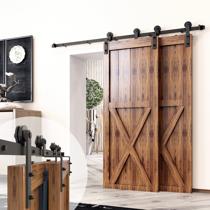 Black Rustic Straight Design Single Track Bypass Two Door Hardware Kit (Door Not Included), 156 in.