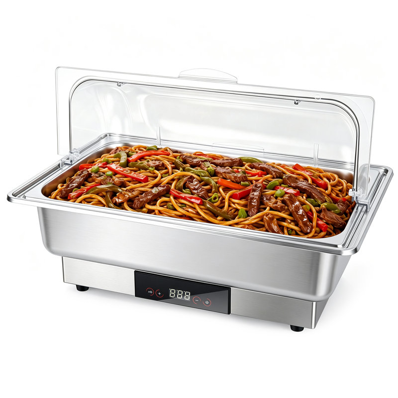 Chafing dish électrique pour buffet, 600 W, en acier inoxydable, avec commande tactile numérique, couvercle transparent à enroulement et bacs alimentaires de grande capacité et 2 demi-capacités.