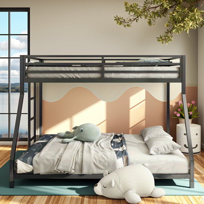 Lit superposé simple au-dessus d'un lit double en métal - noir, conception à profil bas avec échelle et garde-corps renforcés, capacité de poids de 350 à 500 lb (enfants / adultes), aucun sommier nécessaire, assemblage facile (2 adultes, 45 à 60 minutes)