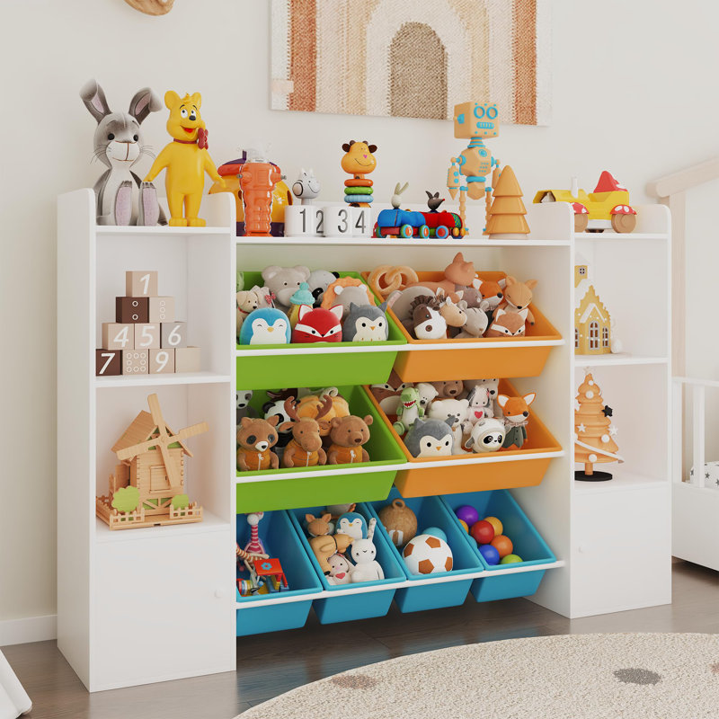 Kids Toy Storage Organizer & Bookshelf with 8 Removable Bins | 6 Cubbies & Tiered Shelves for Playroom, Bedroom, Nursery, Study & Kindergarten