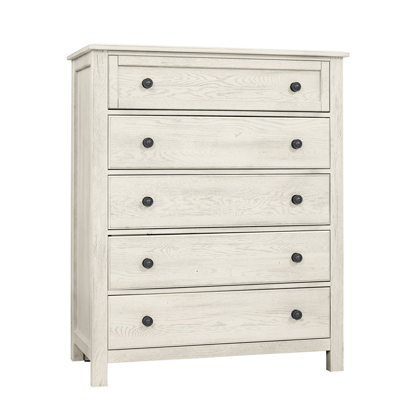 Weathered White 5-Drawer Vertical Chest with Metal Handles