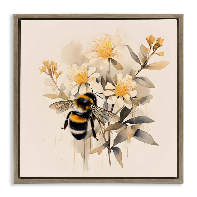 «Honeybee with Daisies», art mural encadré flottant par Petal Prints Design, Cadre flottant orme Montalcino
