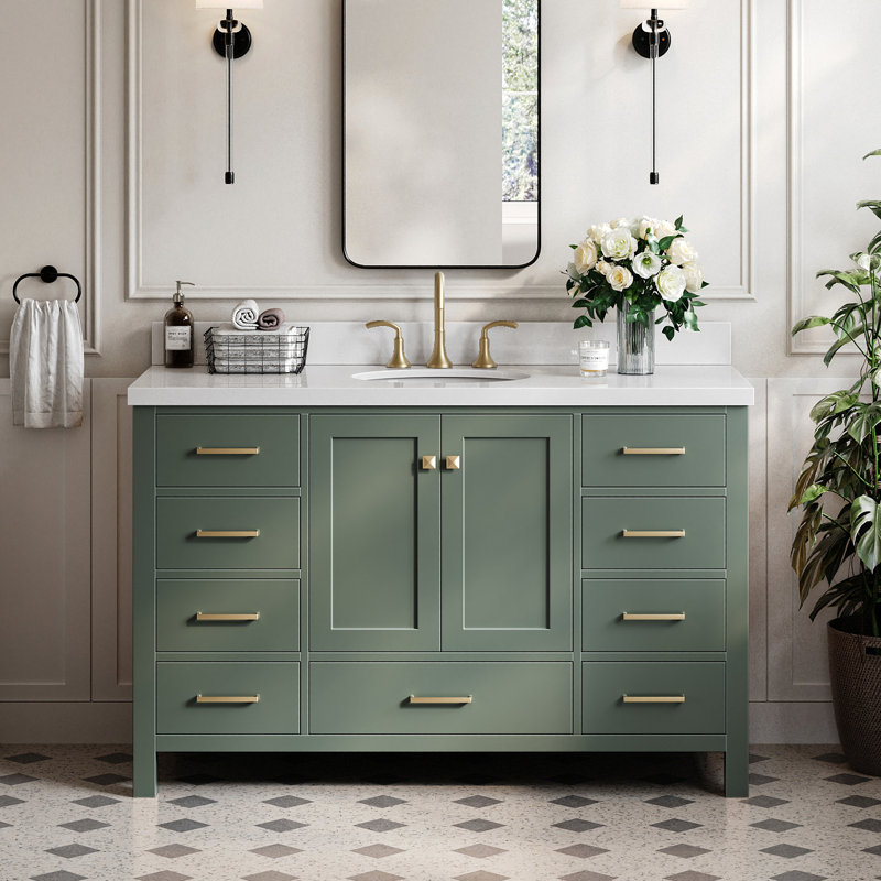 Meuble-lavabo simple 55 po avec plateau en quartz blanc Oberle, Ovale, Vert rétro / laiton satiné