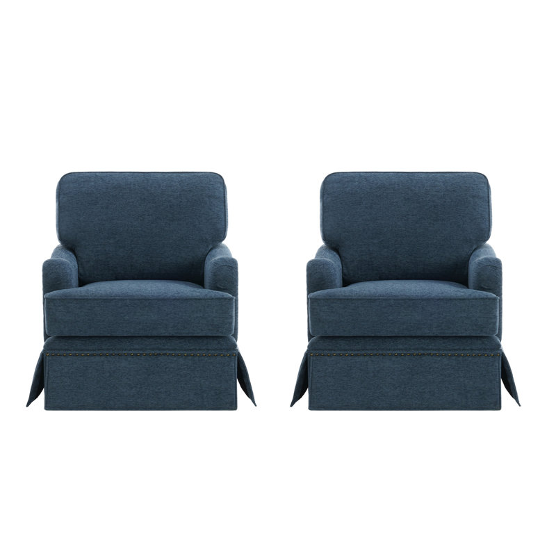 Upholstered Navy Skirted Swivel Accent Arm Chair with Nailhead Trim (Set of 2), 2, Navy Chenille, No