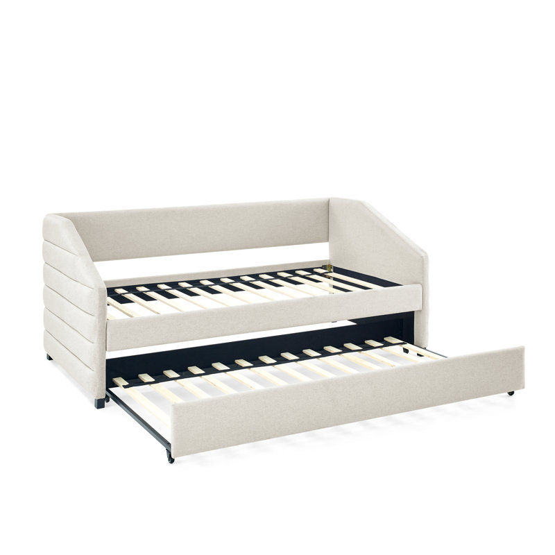Lit de jour simple rembourré en lin beige avec lit gigogne polyvalent, lit structure, Beige