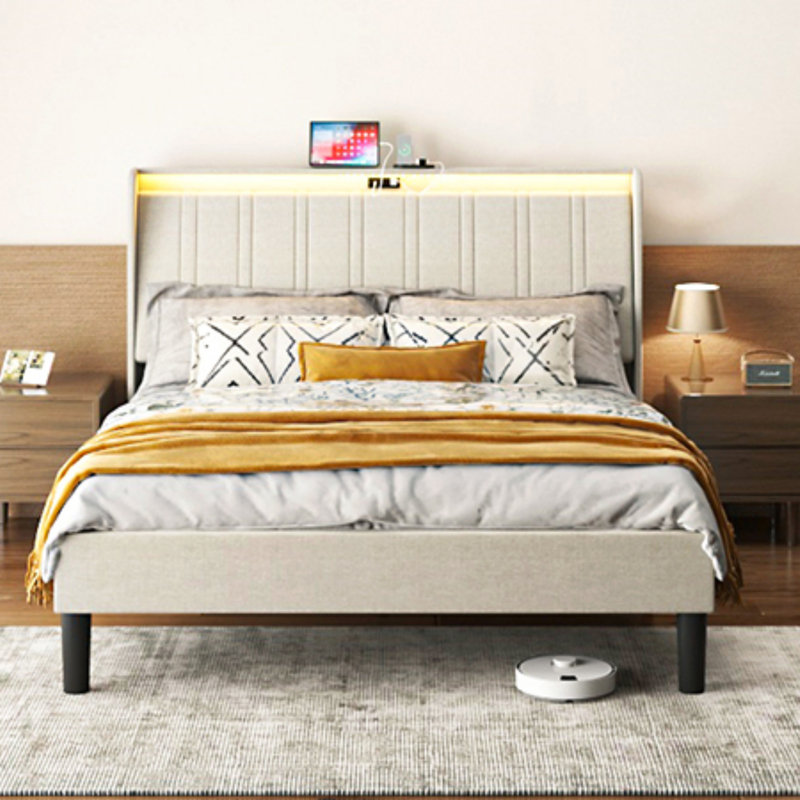 Luxurious Platform Bed Frame With Upholstered Headboard And Wooden Slats Support, Offering Unparalleled Comfort And Style.