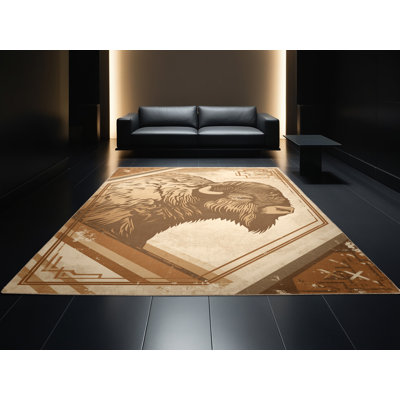 Tapis brun rustique lavable à la machine Pavli Bison Buffalo