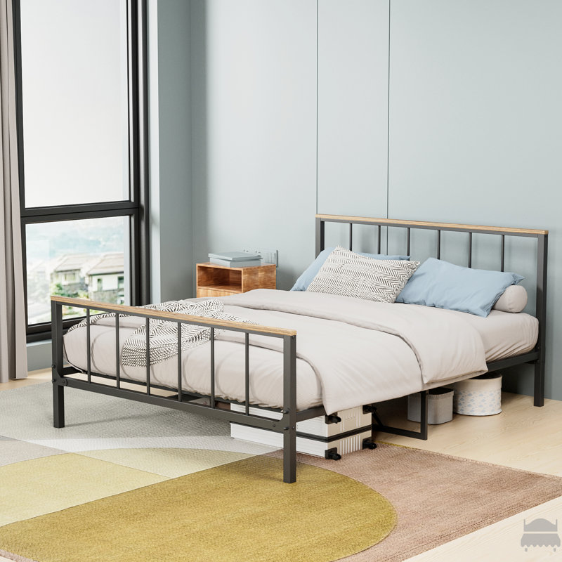 Structure de lit plateforme en métal avec tête de lit et pied de lit, rangement sous le lit, aucun sommier requis, taille double