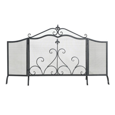 Pare-étincelles en fer 3 panneaux, pare-feu pliant thermolaqué noir, grille de foyer autoportante avec filet pour le salon