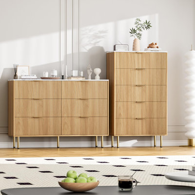 6-Drawer Fluted Wood Dresser with Faux Marble Top and Gold Handles, Modern Chest of Drawers for Bedroom & Living Room
